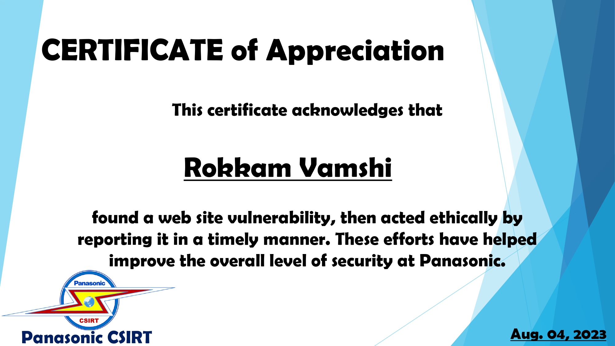 Letter of Appreciation from Panasonic